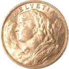 スイス 20フラン 1910年 ブレネリ アルプスの少女 金貨